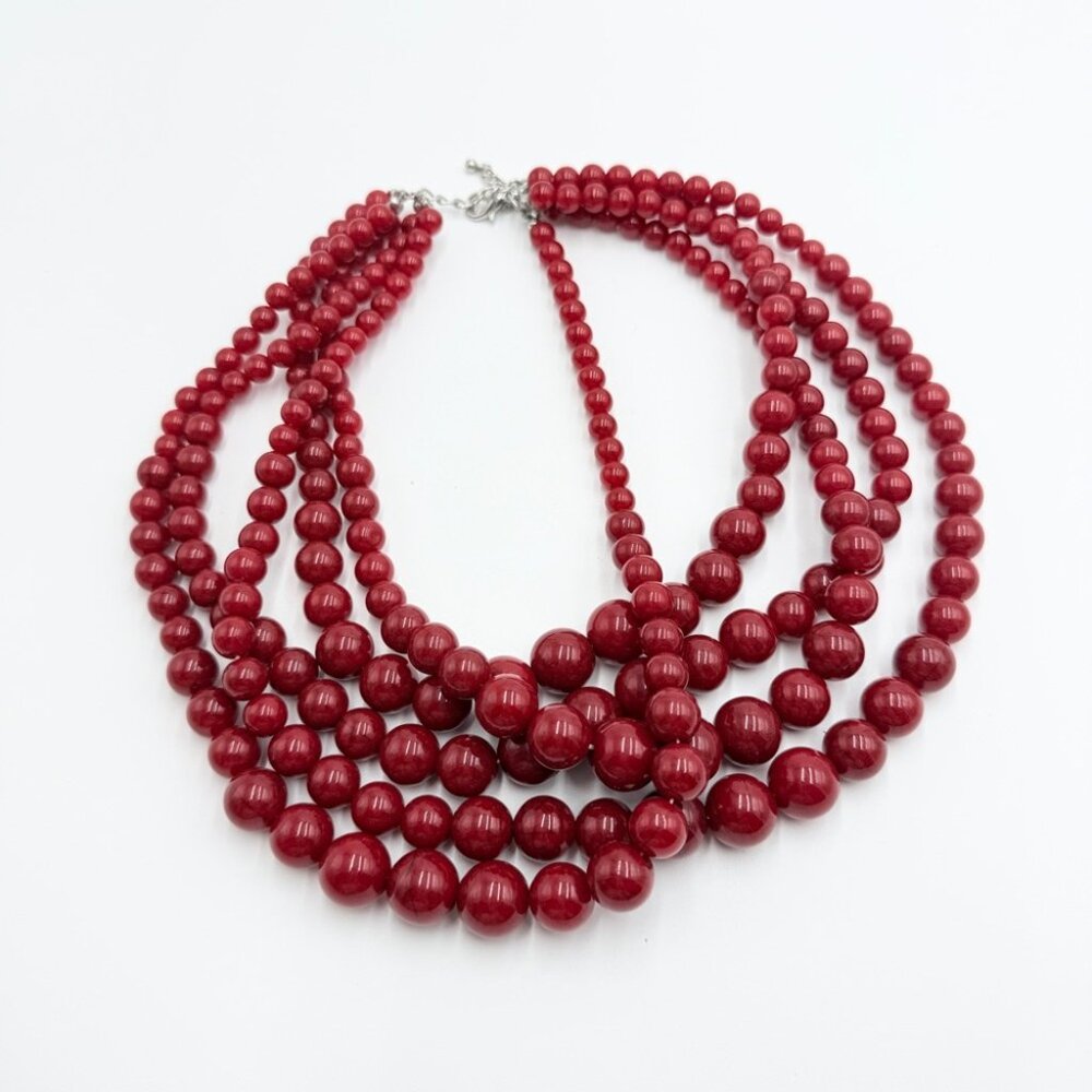 Vintage Red Beaded Multi Strand Statement Necklace Bold Chunky Bib - Picture 2 of 7